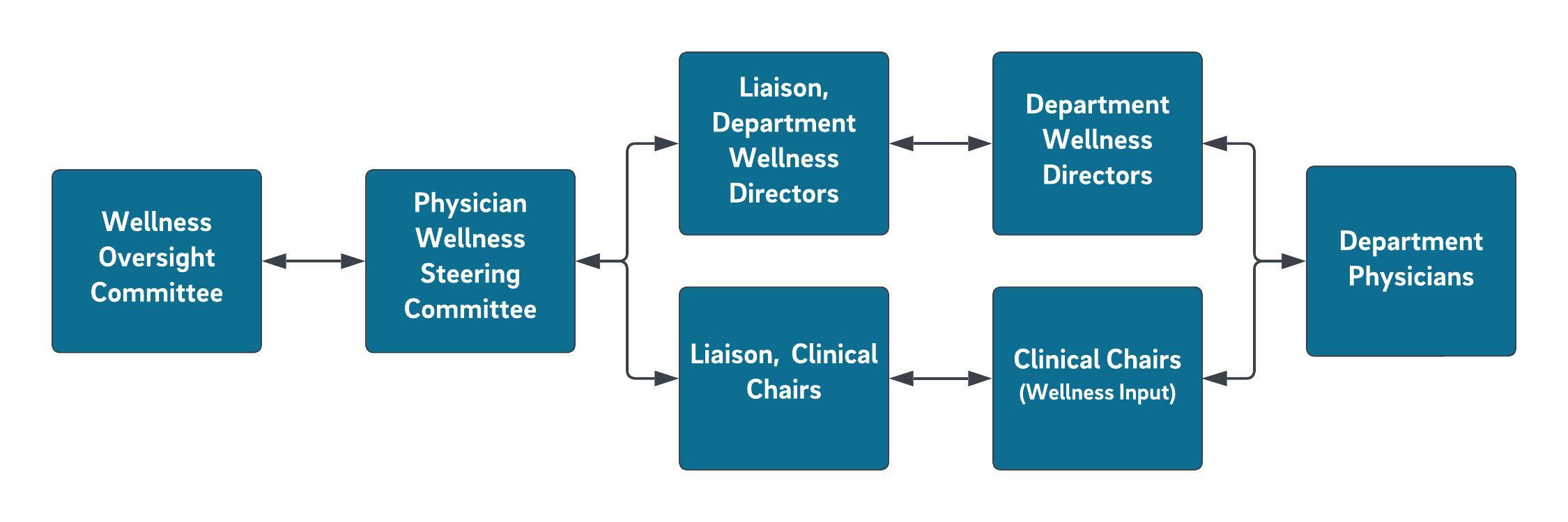 Flowchart indicating bidirectional communication pathways between the Wellness Oversight Committee, Physician Wellness Steering Committee, Liaisons for the Clinical Chairs and Department Wellness Directors, the Clinical Chairs and Department Wellness Director Committee, and the Department Physicians