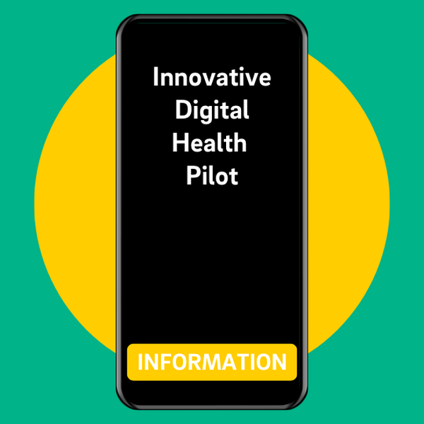 Smartphone with text "Innovative digital health pilot" on the screen