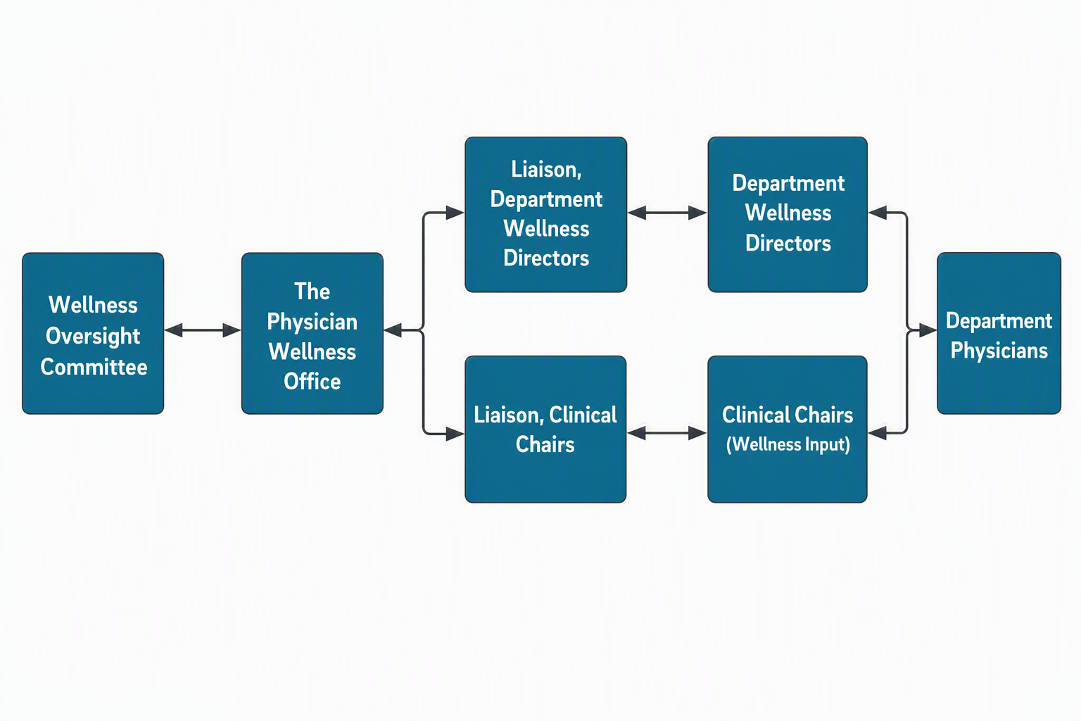 Flowchart indicating bidirectional communication pathways between the Wellness Oversight Committee, Physician Wellness Steering Committee, Liaisons for the Clinical Chairs and Department Wellness Directors, the Clinical Chairs and Department Wellness Director Committee, and the Department Physicians